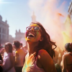 A young woman, painted in vibrant colors, beams with joy during a lively festival, celebrating the spirit of togetherness and cultural exuberance.