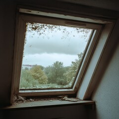 A tilted window showcasing an overgrown, lush view outside, with signs of weathering hinting at neglect and abandonment within the lived-in attic space.