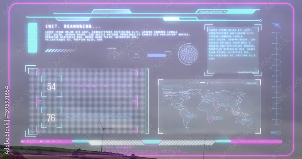 Poster displaying animation, futuristic digital interface with global map in neon colors