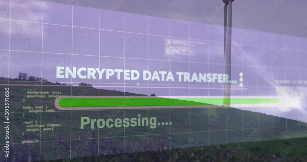 Poster processing encrypted data, animation over rural landscape with wind turbine in view