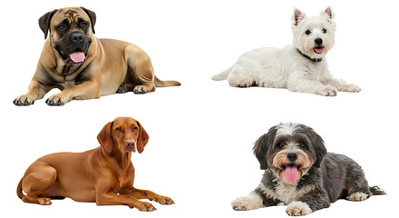 Dogs Lying Down Variety of Breeds on White Background