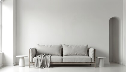 Fototapeta premium Modern living room interior mock up in Scandinavian style. Minimalist design with white sofa and side tables. Empty wall background for design presentation. Comfortable apartment, home decor.