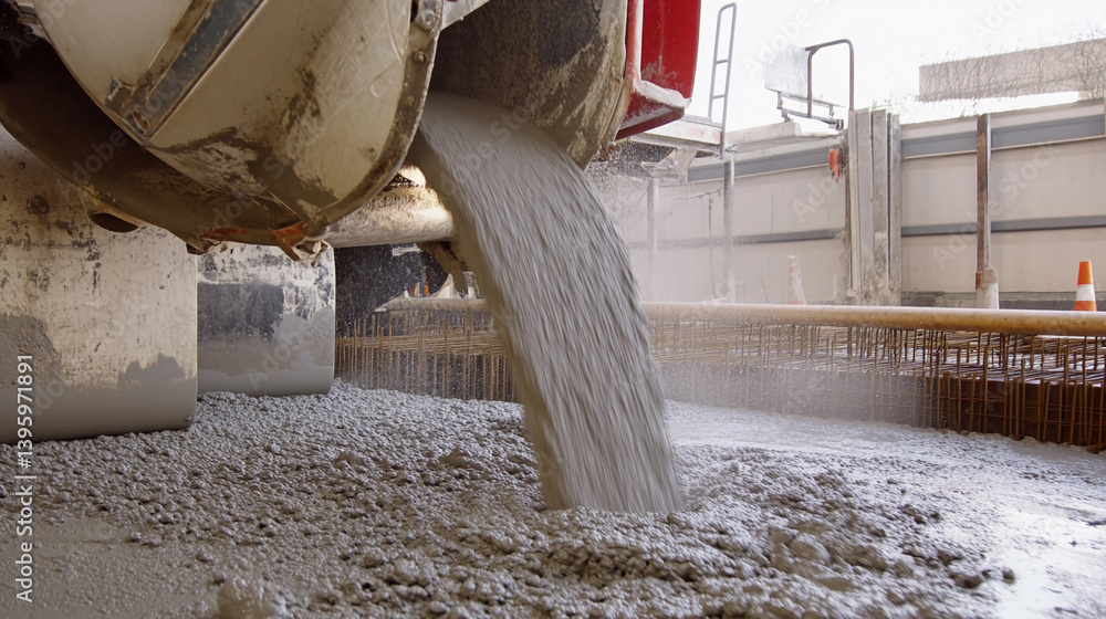 Poster fresh concrete is poured from a mixer at a construction site generative ai
