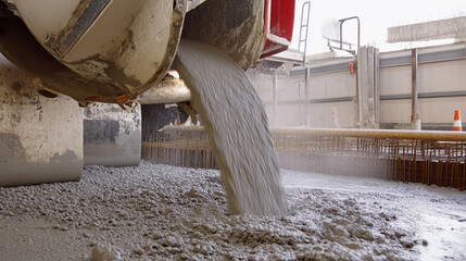 Fresh concrete is poured from a mixer at a construction site Generative AI