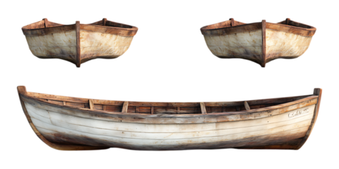 Pack Wooden Boat Set in Different Poses Against Transparent Background for Marine Illustrations, Nautical Branding, or Travel Promotions