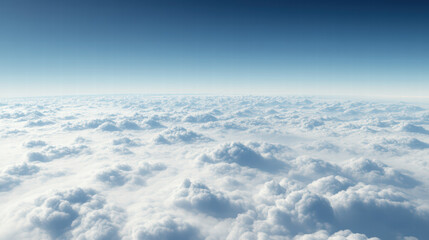 Naklejka premium Above the Clouds: Witness the ethereal beauty of a vast expanse of fluffy clouds stretching towards the endless horizon, under a pristine, azure sky. A mesmerizing scene, evoking peace and wonder.