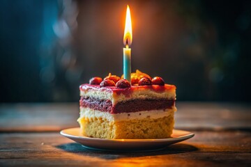 Low Light Birthday Cake Photo: Single Candle on Pink Background with Copy Space