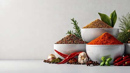 A vibrant display of colorful spices in white bowls with herbs and chilies on a clean background