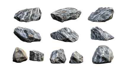 Pack Rock Set in Different Poses Against Transparent Background for Geological Illustration, Nature Graphics, or Construction Design