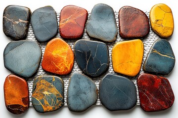 Naklejka premium Colorful mosaic of vibrant polished stones on mesh background
