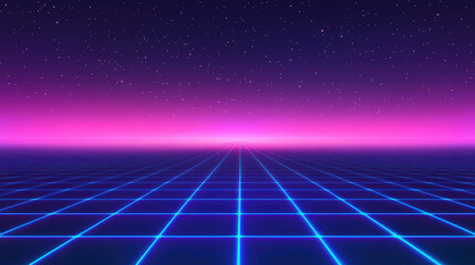 Retro Futuristic Grid Landscape: A vibrant, synthwave-inspired landscape featuring a grid pattern extending to a horizon bathed in neon pink and purple hues under a starry night sky.
