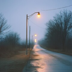 A lonely road flanked by bare trees and glowing streetlamps extends into fog, capturing a serene yet mysterious evening atmosphere.