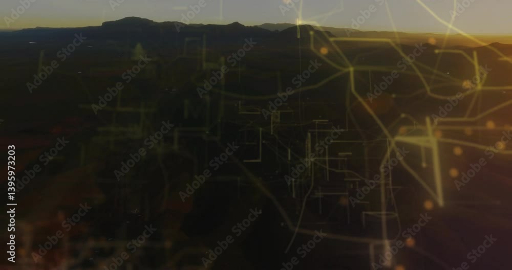 Poster network of connections and data processing animation over landscape at sunset