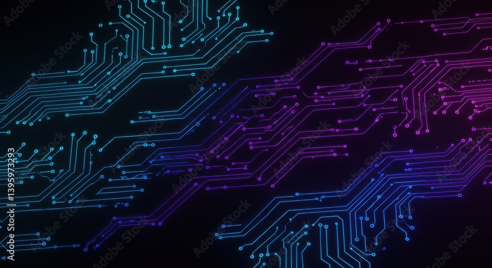 Poster abstract background with teal and purple hues featuring a complex network of interconnected lines an