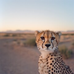 A curious cheetah gazes directly, set against a vast, barren savannah landscape during golden hour.
