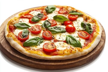 Close up of a pizza with basil and tomatoes on a wooden board