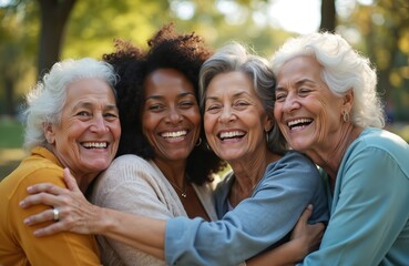 Multigenerational group of senior women smiling embracing in park. Multiracial female friends laugh, hug together. Happy elderly ladies enjoy good relationships. Concept of community, friendship,