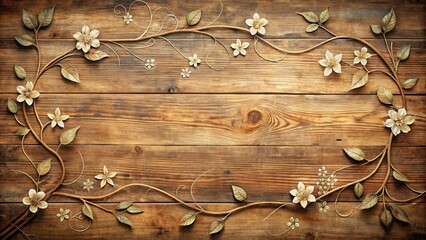 Rustic Wooden Background with Elegant Floral Vine Border