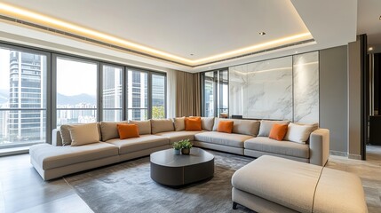 Contemporary living room with an L-shaped light gray sectional sofa layered with neutral and orange cushions.