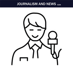 JOURNALISM AND NEWS ICON. Containing journalist, news, microphone, interview, reporter, podcast, press badge, newspaper and radio. Editable stroke. Vector illustration. EPS 10.