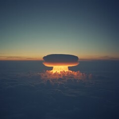A nuclear explosion erupts into a towering mushroom cloud, casting a dramatic silhouette against the twilight sky.