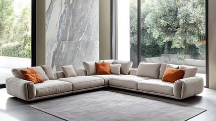 Contemporary living room with an L-shaped light gray sectional sofa layered with neutral and orange cushions.