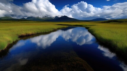 Fototapeta premium Tranquil mountain stream reflecting a vibrant sky