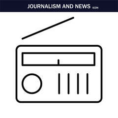 JOURNALISM AND NEWS ICON. Containing journalist, news, microphone, interview, reporter, podcast, press badge, newspaper and radio. Editable stroke. Vector illustration. EPS 10.