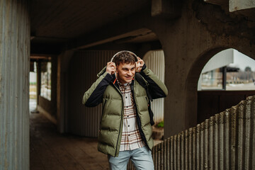 Young adult caucasian man student smile and go to university