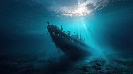 Sunken shipwreck on ocean floor with light rays above.
