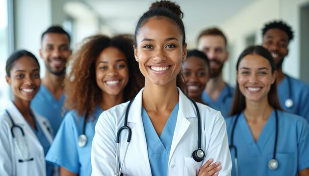 Diverse group smiling medical professionals. Doctors, nurses, healthcare staff in uniform. Happy faces. Teamwork, collaboration, community, support. Multicultural, togetherness, confidence. Hospital,