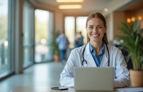 Smiling female doctor works laptop in modern hospital lobby. Pro healthcare worker wears white coat, stethoscope. Confident doctor using tech. Telemedicine, digital health, online medical