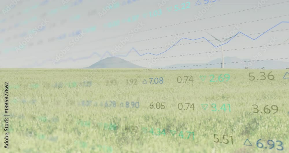Poster wind turbines in field with animation of financial data and graphs overlaying scene