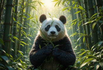 Obraz premium Panda enjoying bamboo in a serene bamboo forest during golden hour