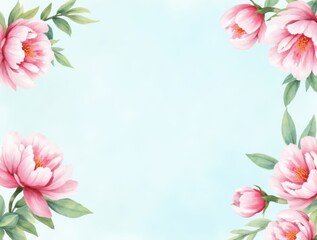 Naklejka premium Watercolor floral frame with pink and white peonies on a light blue background, soft and cheerful.
