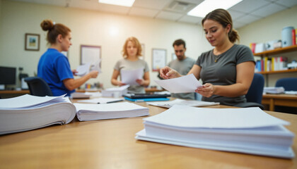 School staff organizing registration materials in office, teamwork spirit