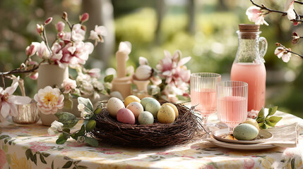 Colorful Easter eggs in bird nest with blooming flowers and garden light. Spring holiday and nature celebration.