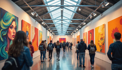 Creative fair showcasing vivid artworks with visitors, artistic inspiration