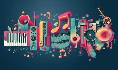 Obraz premium Abstract illustration of musical instruments, speakers, and piano keys forming an abstract design