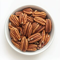 Fototapeta premium A top view of a white bowl filled with many pecan halves isolated on white background