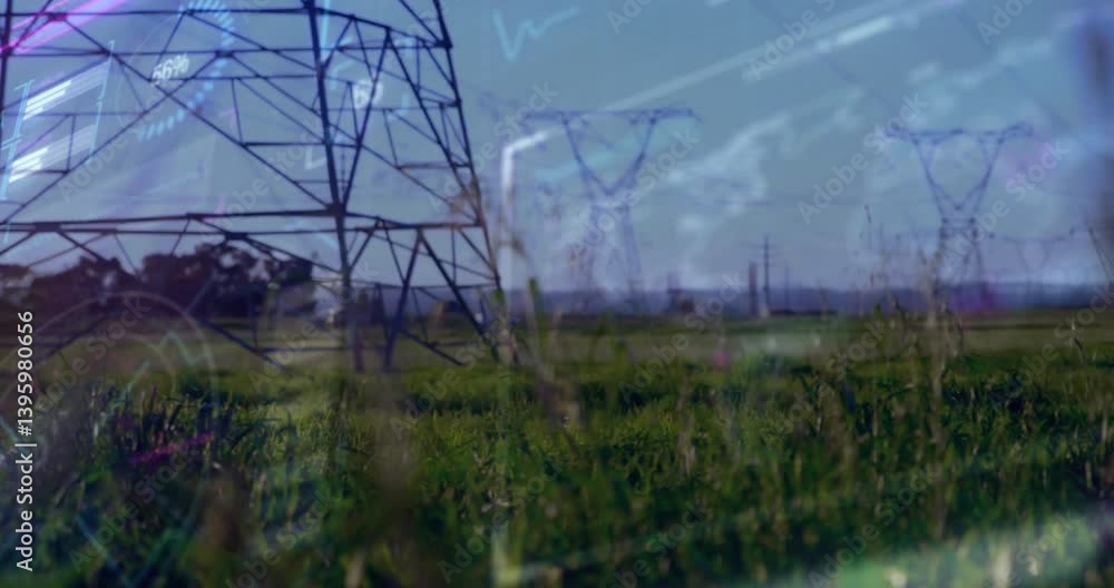 Poster electricity pylons standing in green field with data processing animation overlay