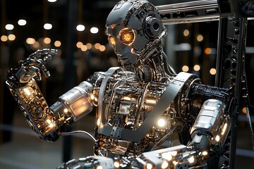 Fototapeta premium 3D effect a sophisticated robot with a metallic frame and dynamic illumination, performing complex tasks