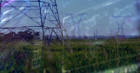 Electricity pylons standing in green field with data processing animation overlay - Powered by Adobe