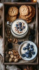 Fototapeta premium Delicious Breakfast Setup With Smoothie Bowl, Cookies, and Fresh Blueberries in Cozy Indoor Setting