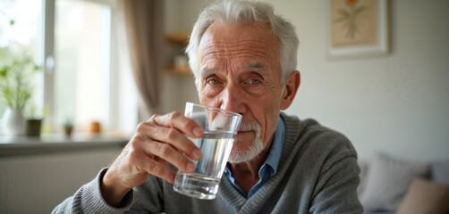 Fototapeta premium Senior man drinking water in home. Elderly male hydrating with fresh liquid. Morning drink for hydration with natural vitamin detox during retirement. Healthy lifestyle concept.