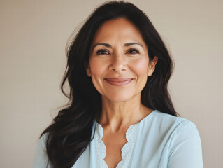 Fototapeta premium Confident Woman Portrait: A middle-aged woman with a warm, genuine smile and long dark hair, exuding confidence and poise. Her light blue blouse complements her radiant complexion.