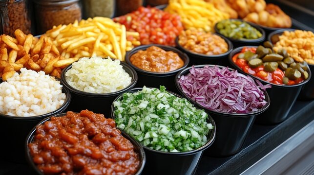 A colorful array of fresh toppings and sides for customizable meals including vegetables sauc