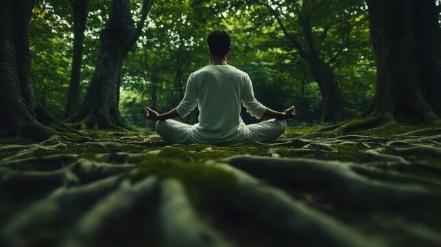 Man meditating in ancient forest roots	