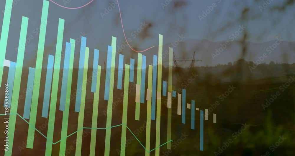 Poster bar and line graph animation over scenic landscape with distant mountains