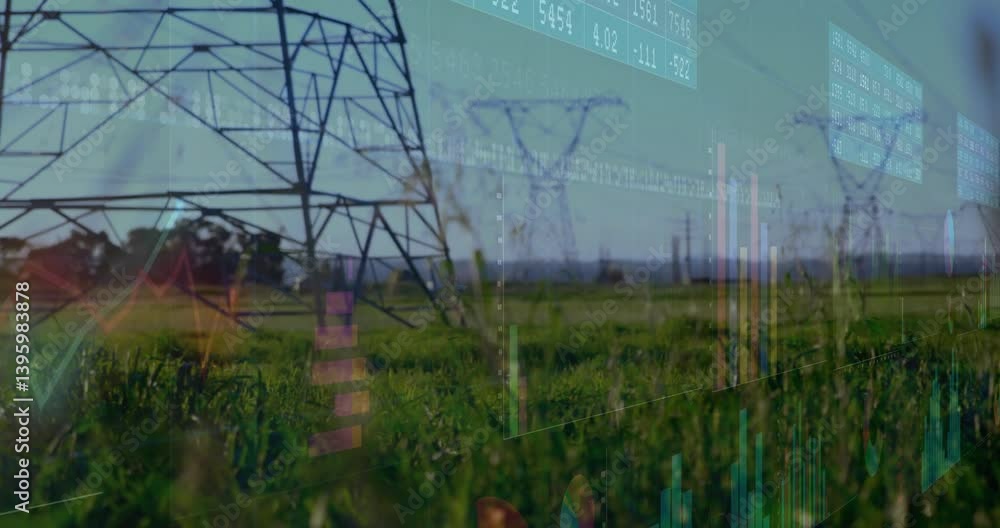 Poster power lines over green field with financial data processing animation